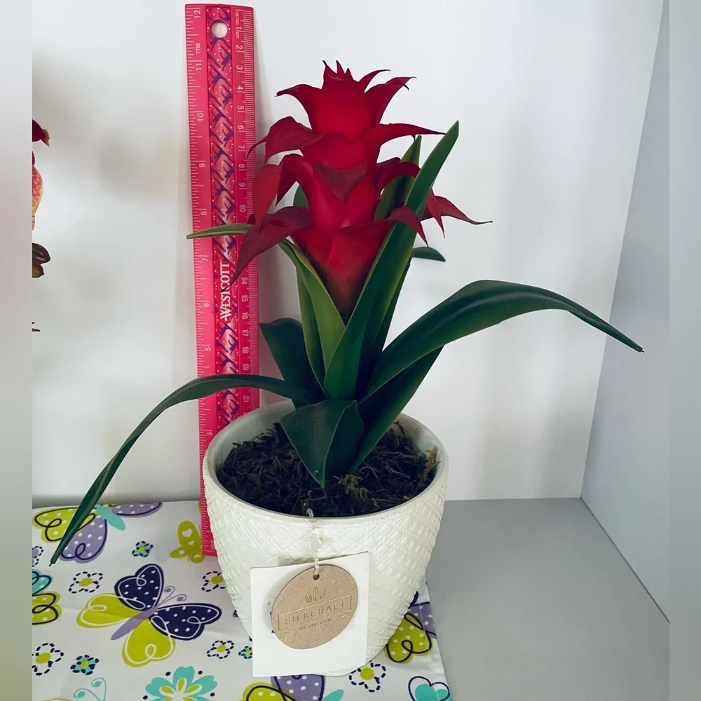 Red Faux Bromeliad in White Pot